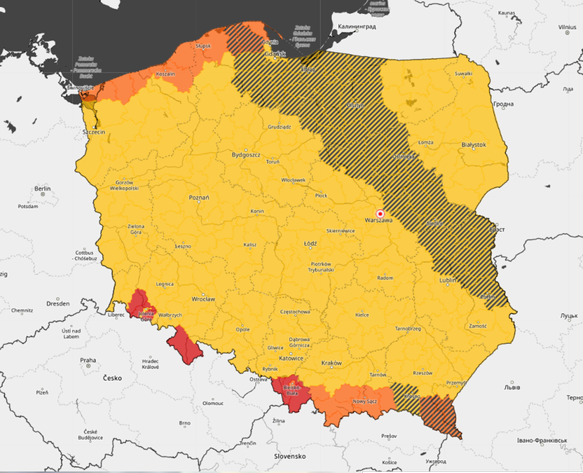 Mapa alertów pogodowych w niedzielę o 16:00